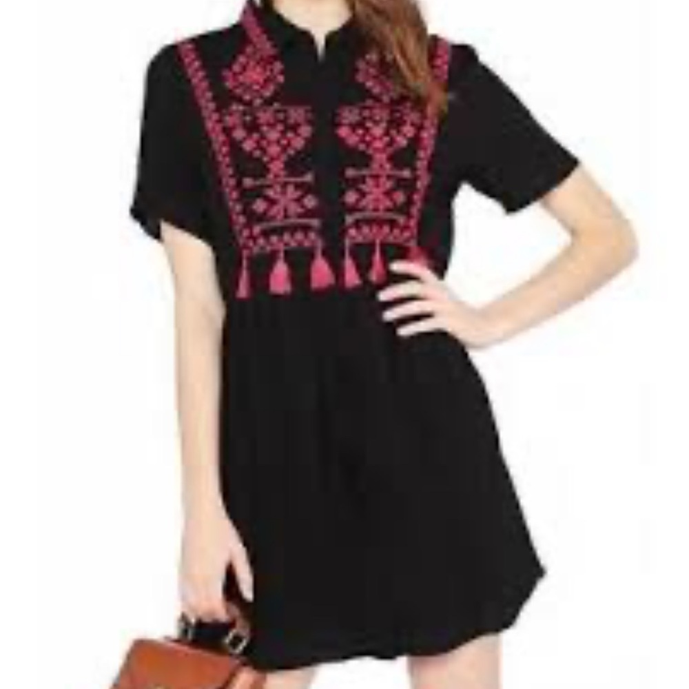 Entro Embroidered & Tassel Mini Dress Black and Pink Size Medium